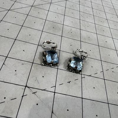 Pair of Large Faceted Aqua Marine Clip on Earrings, Marked Silver Mexico