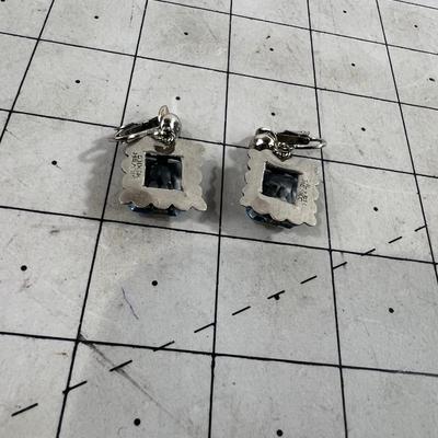 Pair of Large Faceted Aqua Marine Clip on Earrings, Marked Silver Mexico