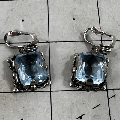 Pair of Large Faceted Aqua Marine Clip on Earrings, Marked Silver Mexico