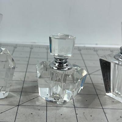 3 Cut Glass Small Perfume Bottles, the tops screw on
