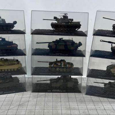 (12) 1970's-'90's  Battle Tanks and Armor Vehicles in Plastic Cases