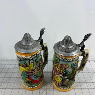 2 Vintage Beer Steins, Ceramic with Pewter Lids