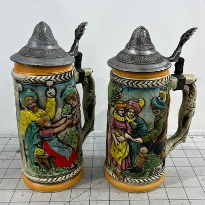 2 Vintage Beer Steins, Ceramic with Pewter Lids