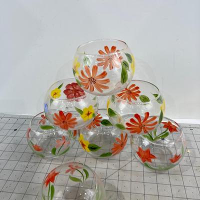 (7) Hand Painted Glass Bowl Candle Holders 