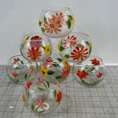 (7) Hand Painted Glass Bowl Candle Holders 