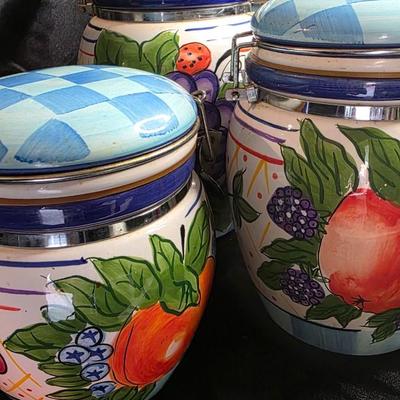 Vintage Capriware Michael's Orchard Hand-Painted Ceramic Canister Set of 3 | Fruit Motif Grapes Berries Peaches | Blue White Lidded...