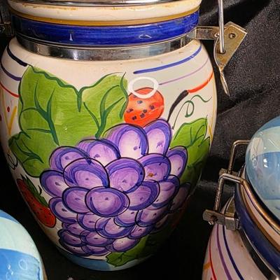 Vintage Capriware Michael's Orchard Hand-Painted Ceramic Canister Set of 3 | Fruit Motif Grapes Berries Peaches | Blue White Lidded...