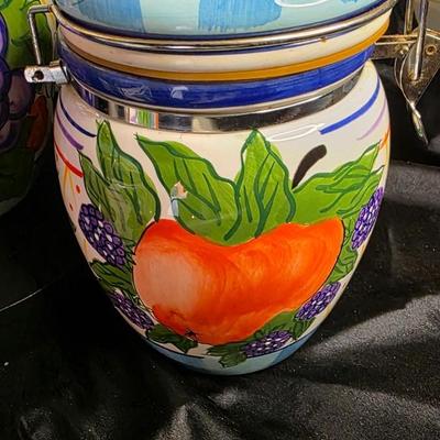 Vintage Capriware Michael's Orchard Hand-Painted Ceramic Canister Set of 3 | Fruit Motif Grapes Berries Peaches | Blue White Lidded...