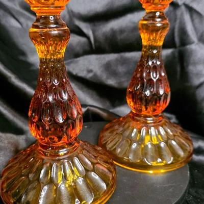 Vintage Amber Glass Candlestick Duo – Warm Honey Glow, Tulip Rim Elegance