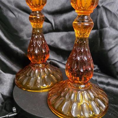 Vintage Amber Glass Candlestick Duo – Warm Honey Glow, Tulip Rim Elegance