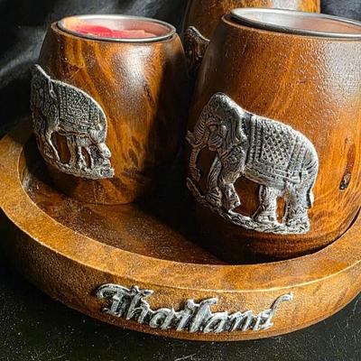 Handcrafted Thai Elephant Tea Light Holder Set with Tray | Artisanal Mango Wood & Pewter Candle Décor