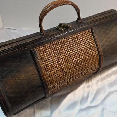 Vintage Woven Cane & Carved Wood Handled Storage Case Decorative Box
