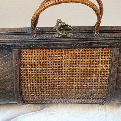 Vintage Woven Cane & Carved Wood Handled Storage Case Decorative Box