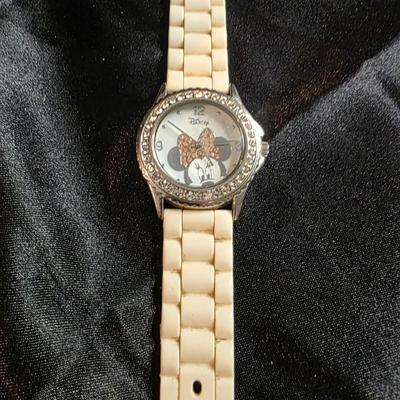 Disney Minnie Mouse Ladies Quartz Watch - Rhinestone Bezel with White Rubber Strap