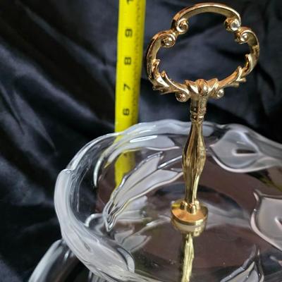 Vintage Two-Tier Glass Serving Stand with Ornate Gold Handle – Elegant Entertaining Display
