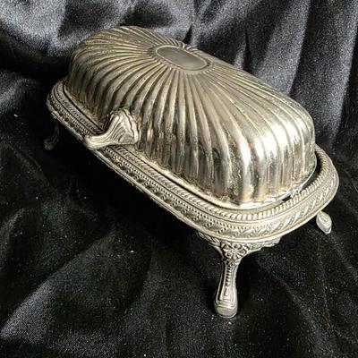 Victorian Silverplate Footed Covered Butter Dish – Ornate Ribbed Dome & Engraved Serving Tray