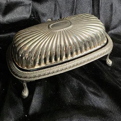 Victorian Silverplate Footed Covered Butter Dish – Ornate Ribbed Dome & Engraved Serving Tray