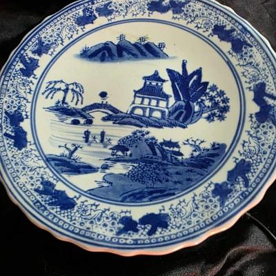 Blue and White Chinese Porcelain Plate with Pagoda and Waterfall Scene - Vintage Chinoiserie Collectible