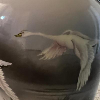 Matching Pair of Porcelain Lamps With Painted Swans MCM Style (UB1-RG)