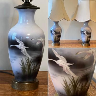 Matching Pair of Porcelain Lamps With Painted Swans MCM Style (UB1-RG)
