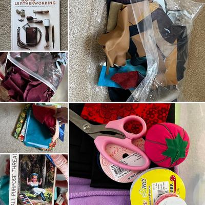 Large Assortment of Leather Scraps Plus Fabric & Sewing (UB1-RG)
