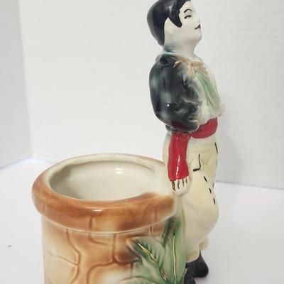 Vintage Figural Ceramic Man with Pot Decorative Holder Hand Painted Mid Century Novelty Decor