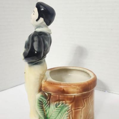 Vintage Figural Ceramic Man with Pot Decorative Holder Hand Painted Mid Century Novelty Decor