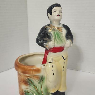 Vintage Figural Ceramic Man with Pot Decorative Holder Hand Painted Mid Century Novelty Decor