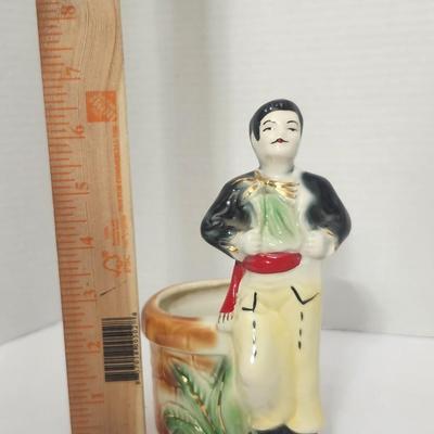 Vintage Figural Ceramic Man with Pot Decorative Holder Hand Painted Mid Century Novelty Decor