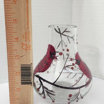 Cardinal Winter Scene Glass Lighted Vase Candle Holder Made in China Holiday Decor