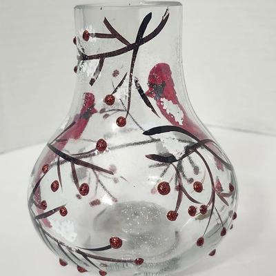 Cardinal Winter Scene Glass Lighted Vase Candle Holder Made in China Holiday Decor
