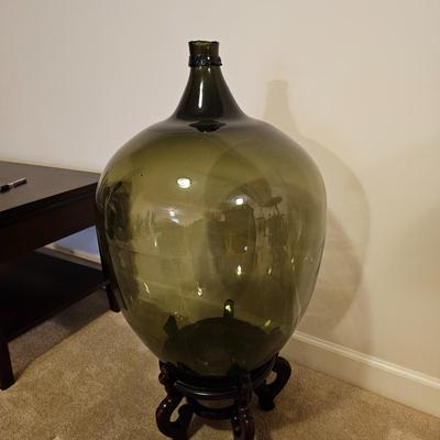 Large Green Glass Demijohn Bottle & Stand (