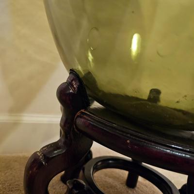Large Green Glass Demijohn Bottle & Stand (
