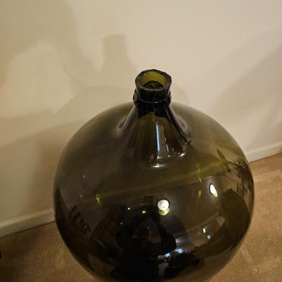 Large Green Glass Demijohn Bottle & Stand (