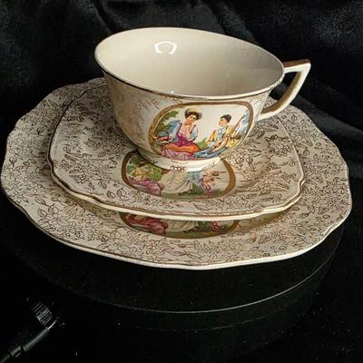 Vintage Japanese Courting Couple Tea Trio (Cup, Saucer & Plate) – Gilt Rococo “Watteau” Scene, AW Japan Mark