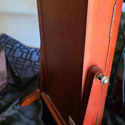 Vintage Cherry Wood Spinning Tabletop Jewelry Armoire Cabinet | Glass Mirror Door Dual Side Storage | Necklace Hooks Ring Cushion |...