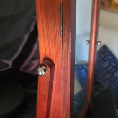 Vintage Cherry Wood Spinning Tabletop Jewelry Armoire Cabinet | Glass Mirror Door Dual Side Storage | Necklace Hooks Ring Cushion |...