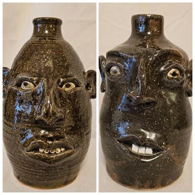 Pair of Signed Meaders Alkaline Glazed Stoneware Face Jugs (BD-JS)