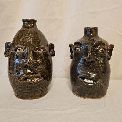 Pair of Signed Meaders Alkaline Glazed Stoneware Face Jugs (BD-JS)