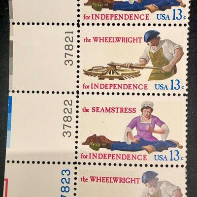 Sale Photo Thumbnail #66: Mint condition plate blocks of the 1977 US 13-cent Skilled Hands for Independence commemorative stamps (Scott #1717-1720). Issued on July 4, 1977, in Cincinnati, Ohio, the stamps honor the essential civilian tradespeople who supported the American Revolut