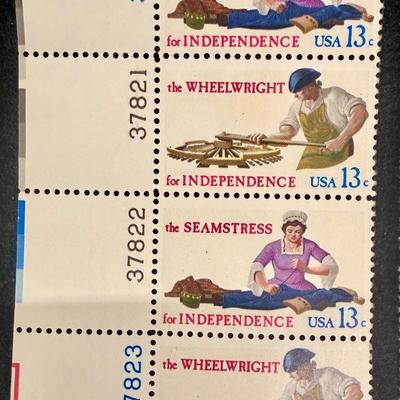 Sale Photo Thumbnail #69: Mint condition plate blocks of the 1977 US 13-cent Skilled Hands for Independence commemorative stamps (Scott #1717-1720). Issued on July 4, 1977, in Cincinnati, Ohio, the stamps honor the essential civilian tradespeople who supported the American Revolut