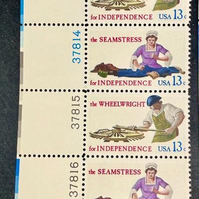 Sale Photo Thumbnail #67: Mint condition plate blocks of the 1977 US 13-cent Skilled Hands for Independence commemorative stamps (Scott #1717-1720). Issued on July 4, 1977, in Cincinnati, Ohio, the stamps honor the essential civilian tradespeople who supported the American Revolut
