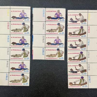 Sale Photo Thumbnail #64: Mint condition plate blocks of the 1977 US 13-cent Skilled Hands for Independence commemorative stamps (Scott #1717-1720). Issued on July 4, 1977, in Cincinnati, Ohio, the stamps honor the essential civilian tradespeople who supported the American Revolut