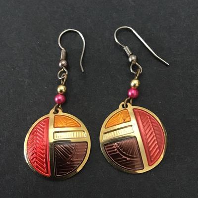 Vintage Berebi red Orange, yellow abstract, enamel gold tone, hook dangle earrings