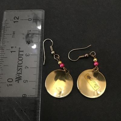 Vintage Berebi red Orange, yellow abstract, enamel gold tone, hook dangle earrings