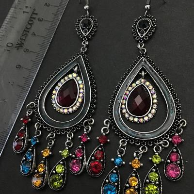 Beautiful, silver toned, multicolored, rhinestone, crystal , , statement earrings