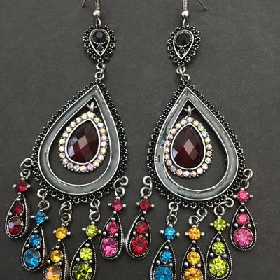 Beautiful, silver toned, multicolored, rhinestone, crystal , , statement earrings