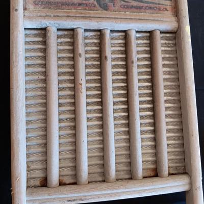 MAID-RITE GALVANIZED WASHBOARD, OLD SOAP AND CLOTHES PINS