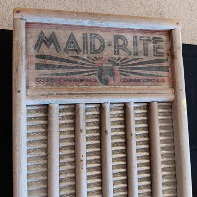 MAID-RITE GALVANIZED WASHBOARD, OLD SOAP AND CLOTHES PINS