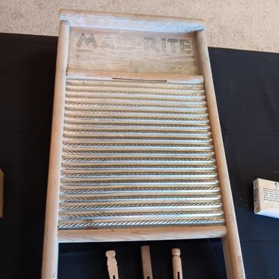 MAID-RITE GALVANIZED WASHBOARD, OLD SOAP AND CLOTHES PINS